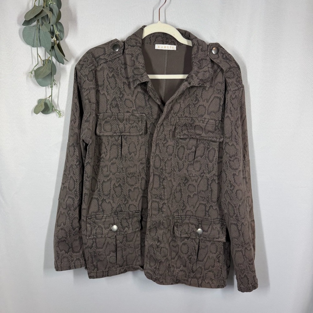 Karlie | Cotton Gray Utility Jacket Snake Print Women's Size Large